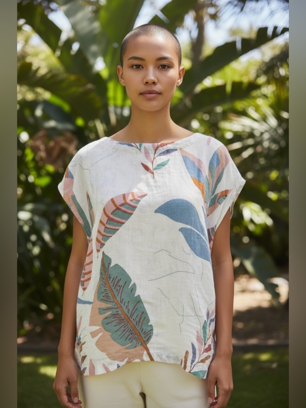 Cynthia Rowley White Linen Top with Green, Blue and Rust Leaf Print